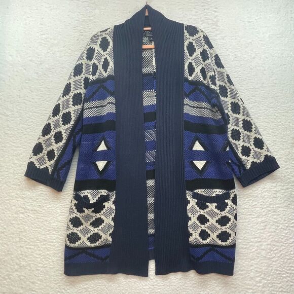 Lucky Brand Sweaters - Lucky Brand Sweater Womens Small Blue Cardigan Geo Print Chunky Knit Cozy Pocket